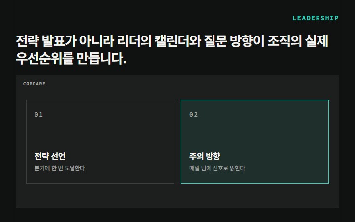 전략 발표가 아니라 리더의 캘린더와 질문 방향이 조직의 실제 우선순위를 만듭니다.