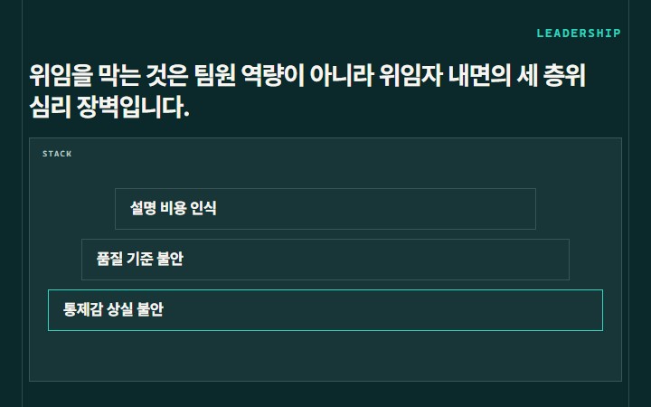 위임을 막는 것은 팀원 역량이 아니라 위임자 내면의 세 층위 심리 장벽입니다.