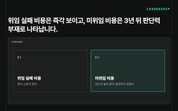 위임 실패 비용은 즉각 보이고, 미위임 비용은 3년 뒤 판단력 부재로 나타납니다.