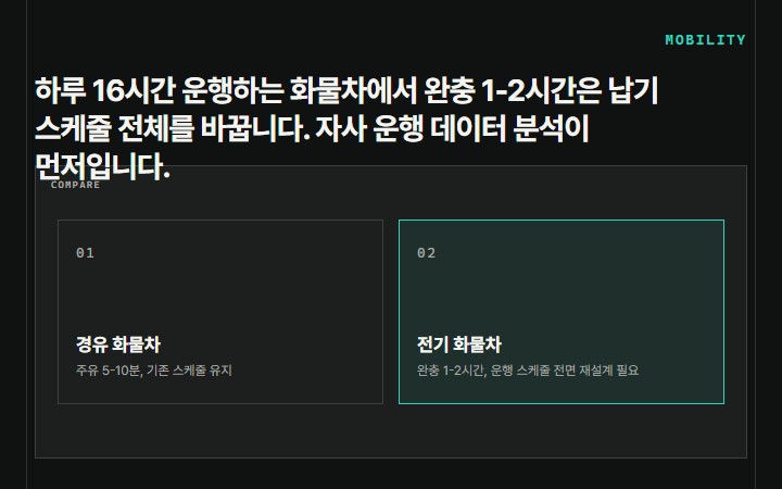 하루 16시간 운행하는 화물차에서 완충 1-2시간은 납기 스케줄 전체를 바꿉니다. 자사 운행 데이터 분석이 먼저입니다.