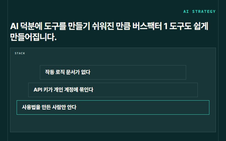 AI 덕분에 도구를 만들기 쉬워진 만큼 버스팩터 1 도구도 쉽게 만들어집니다.