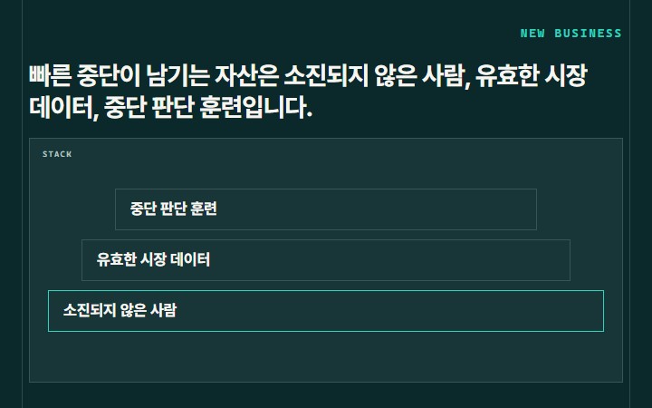 빠른 중단이 남기는 자산은 소진되지 않은 사람, 유효한 시장 데이터, 중단 판단 훈련입니다.