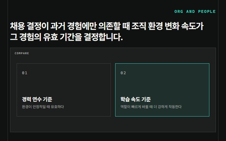 채용 결정이 과거 경험에만 의존할 때 조직 환경 변화 속도가 그 경험의 유효 기간을 결정합니다.
