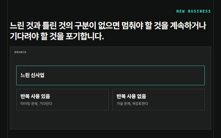 느린 것과 틀린 것의 구분이 없으면 멈춰야 할 것을 계속하거나 기다려야 할 것을 포기합니다.