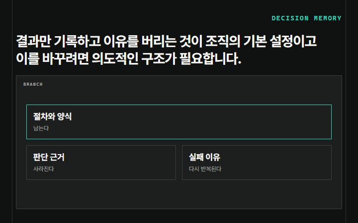 결과만 기록하고 이유를 버리는 것이 조직의 기본 설정이고 이를 바꾸려면 의도적인 구조가 필요합니다.