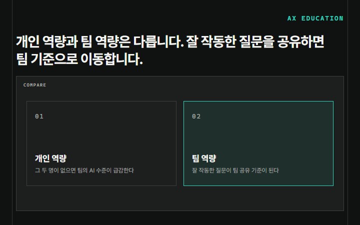 개인 역량과 팀 역량은 다릅니다. 잘 작동한 질문을 공유하면 팀 기준으로 이동합니다.