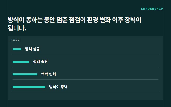 방식이 통하는 동안 멈춘 점검이 환경 변화 이후 장벽이 됩니다.